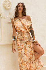 Amber Palm Satin Midi Dress - Sand