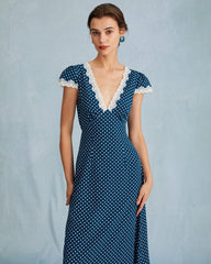 The Navy V Neck Polka Dot Lace Ruched Maxi Dress