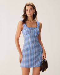 Blue Plaid Square Neck Slip Mini Dress