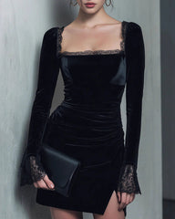 Black Square Neck Velour Mini Dress