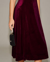 Red Velour Sweetheart Neck Midi Dress
