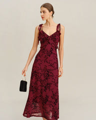 Red Floral Ruffle Slip Midi Dress