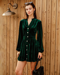 Green Velour Lantern Sleeve Mini Dress