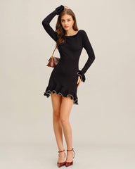 Black Contrasting Bell Sleeve Knit Sweater Dress