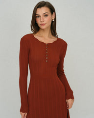 Brown Scalloped A-Line Sweater Dress
