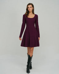 Purple Square Neck A-Line Sweater Dress