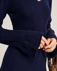 Navy A-Line V Neck Sweater Dress