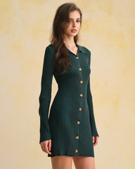 Green A-Line Button Sweater Dress