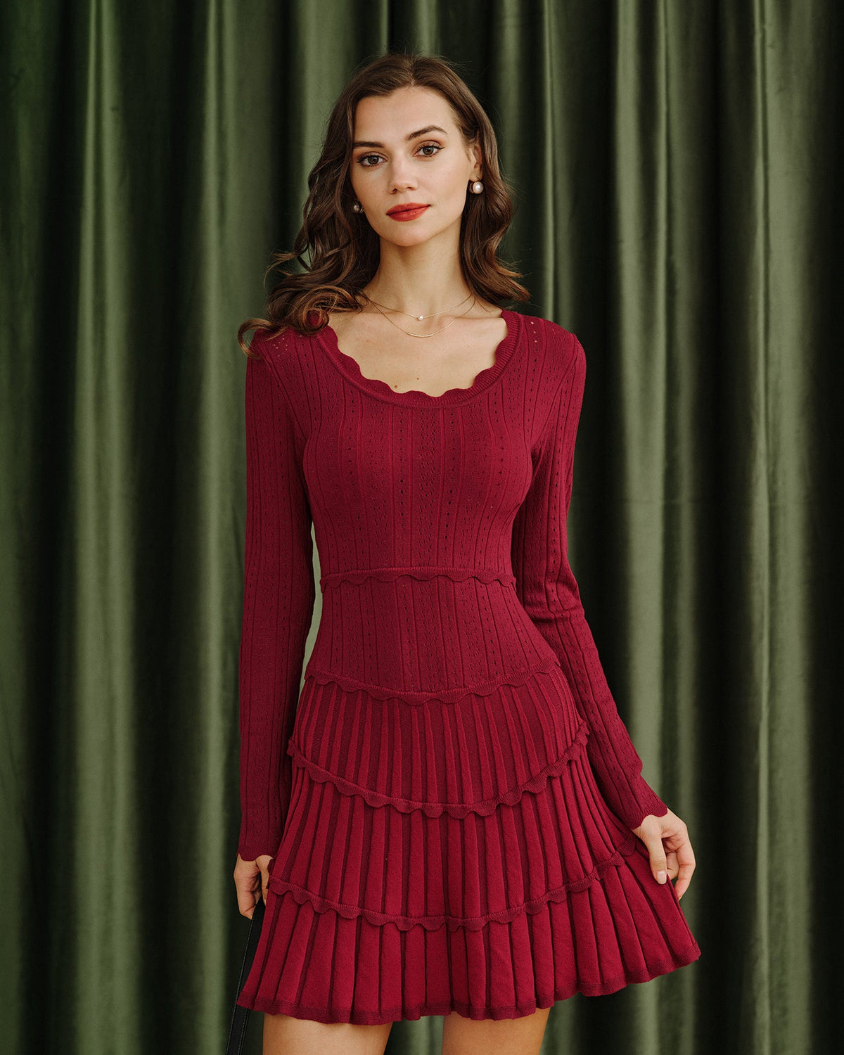 Wine Red Scalloped Viscose Sweater Dress