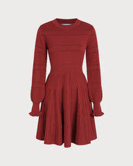 Wine Red Lantern Sleeve A-Line Sweater Dress