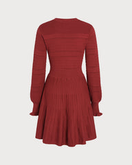 Wine Red Lantern Sleeve A-Line Sweater Dress