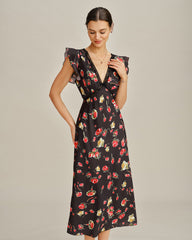 Black V Neck Butterfly Sleeve Floral Midi Dress