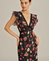 Black V Neck Butterfly Sleeve Floral Midi Dress