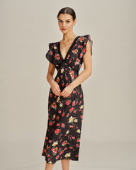 Black V Neck Butterfly Sleeve Floral Midi Dress