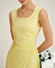 Yellow U Neck Ruched Midi Dress