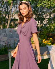 Purple V Neck Button Midi Dress