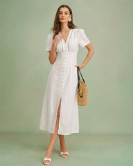 White V Neck A-Line Button Midi Dress