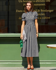 Blue Gingham Puffed Sleeve Midi Dress