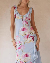 Blue V Neck Floral Ruffle Slip Maxi Dress