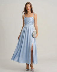 Blue Satin Ruched Slip Maxi Dress