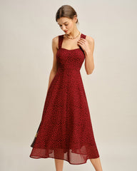 Red Sweetheart Neck Floral Midi Dress