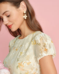 Yellow Puffed Sleeve Jacquard Midi Dress