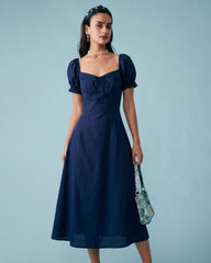 Navy V Neck Puffed Sleeve Midi Dress