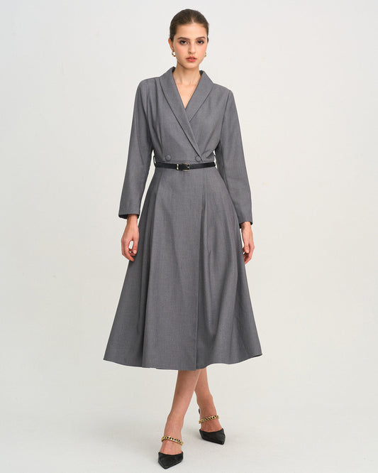 Grey Button A-Line Midi Dress