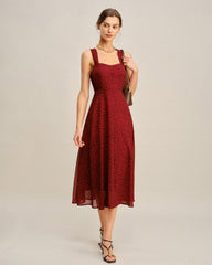 Red Sweetheart Neck Floral Midi Dress