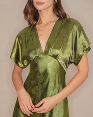 Green V Neck Pleated Floral Midi Dress