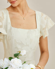 Beige Square Neck Jacquard Midi Dress