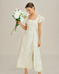 Beige Square Neck Jacquard Midi Dress
