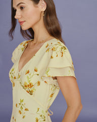 Yellow V Neck Floral Mermaid Midi Dress