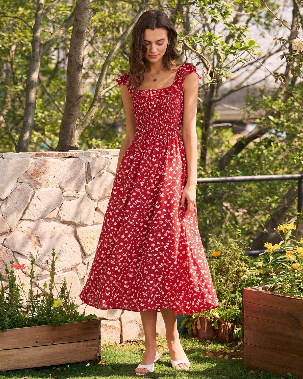 Red Square Neck Floral Midi Dress