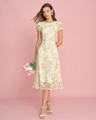 Yellow Puffed Sleeve Jacquard Midi Dress