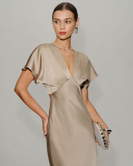 Apricot Satin V Neck A-Line Midi Dress