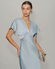 Blue V Neck Cowl Sleeve Satin Midi Dress