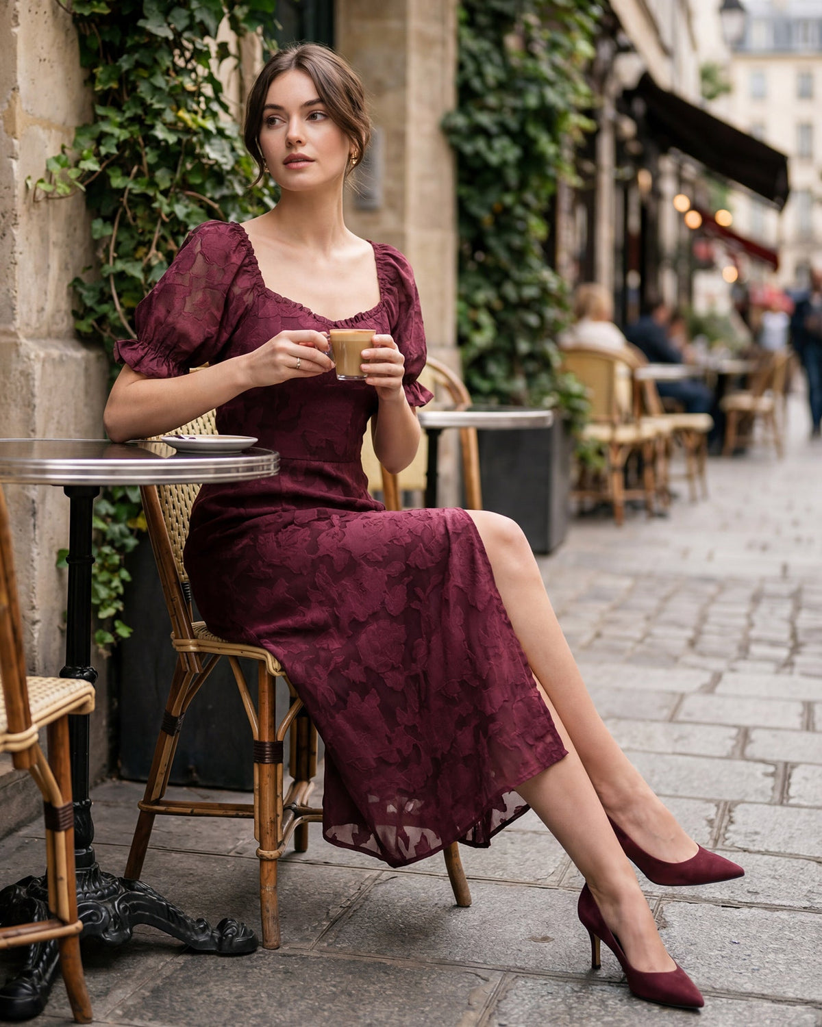 Wine Red Jacquard Slit Midi Dress