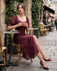 Wine Red Jacquard Slit Midi Dress
