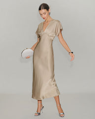 Apricot Satin V Neck A-Line Midi Dress