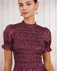 Wine Red Floral Shirred Puffed Sleeve Midi Dress