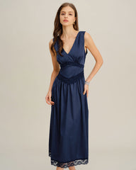 Blue V Neck A-Line Sleeveless Midi Dress