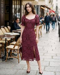 Wine Red Jacquard Slit Midi Dress