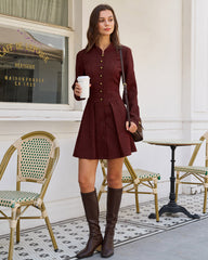 Wine Red Pleated Button Mini Dress