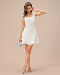 White Square Neck Floral A-Line Mini Dress