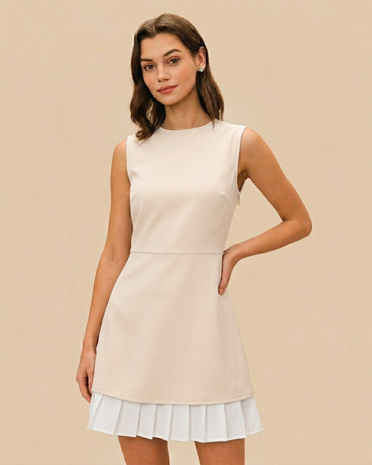 Women's Apricot Splicing Pleated Mini Dress