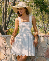 White Square Neck Shirred Mini Dress