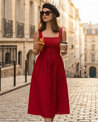 Red Square Neck Midi Dress