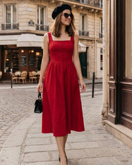 Red Square Neck Midi Dress