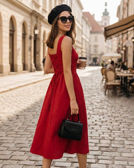 Red Square Neck Midi Dress